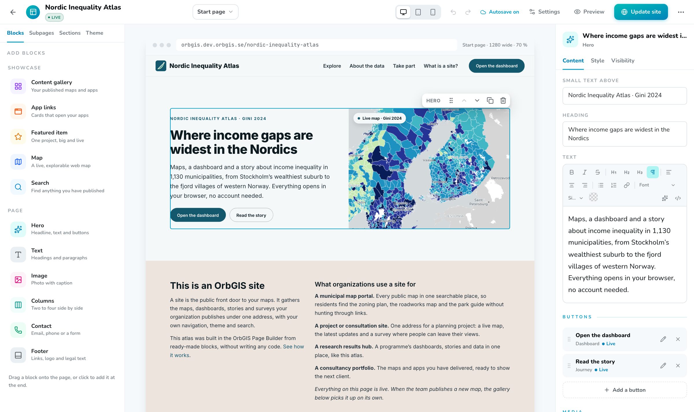 Sidbyggaren i OrbGIS med blockpaletten, webbplatsen i mitten och inställningarna för inledningen