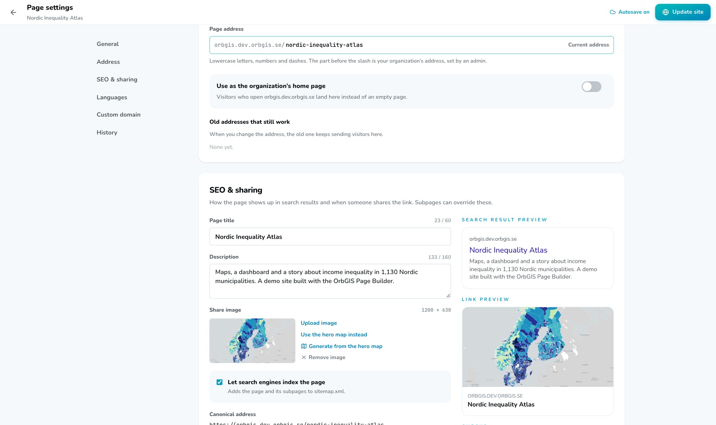 Sidans inställningar med adress, förhandsvisning av sökresultat och länkförhandsvisning med delningsbild